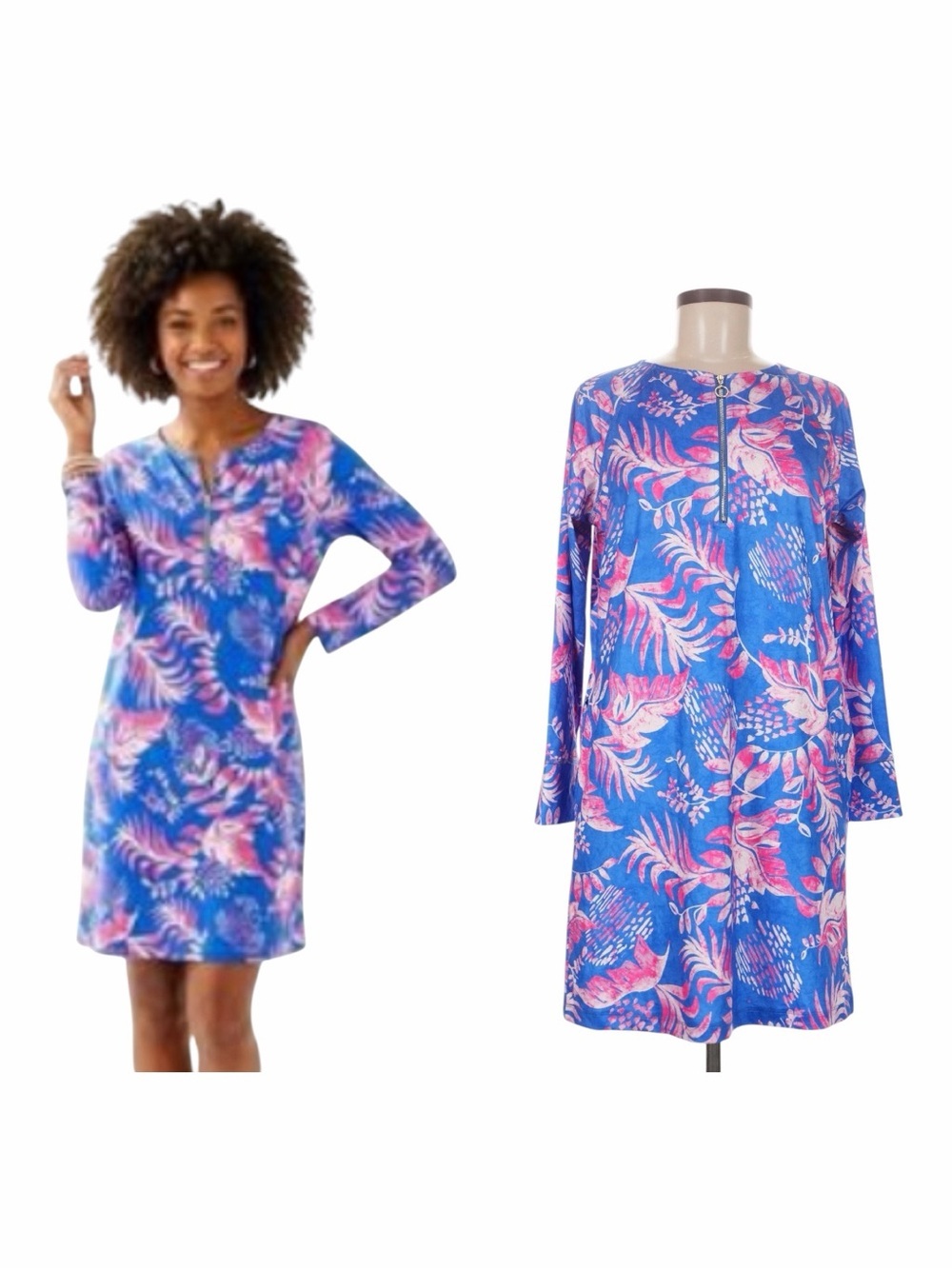 NWT! Stella Parker Resortwear Blue & Pink Tropical Print Dress. UPF 30+. Medium.